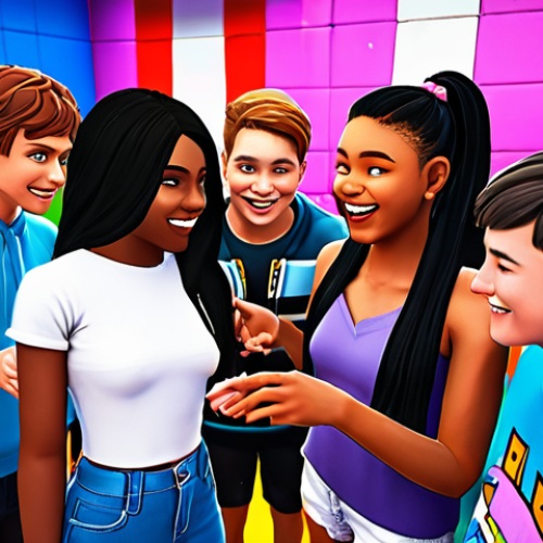 **

Prompt:  A diverse group of Gen Alpha teens interacting enthusiastically within a vibrant, colorful virtual community platform reminiscent of Roblox.  The scene emphasizes a sense of belonging, shared interests (gaming, music), and positive online interactions.

**