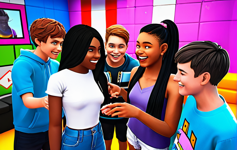 **

Prompt:  A diverse group of Gen Alpha teens interacting enthusiastically within a vibrant, colorful virtual community platform reminiscent of Roblox.  The scene emphasizes a sense of belonging, shared interests (gaming, music), and positive online interactions.

**