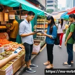 알파세대의 소비 의식 변화 - A vibrant Malaysian street market scene showing diverse young Malaysian shoppers from Generation Alp...