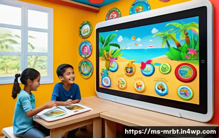 알파세대를 위한 디지털 스토리텔링 방법 - A vibrant digital classroom scene featuring a diverse group of Malay children aged 6 to 10, sitting ...